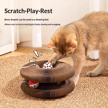 くるっと変形する猫用爪とぎ｜ボール＆キャットニップ付き折りたたみスクラッチャー
