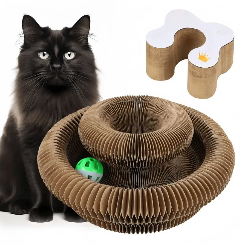 くるっと変形する猫用爪とぎ｜ボール＆キャットニップ付き折りたたみスクラッチャー